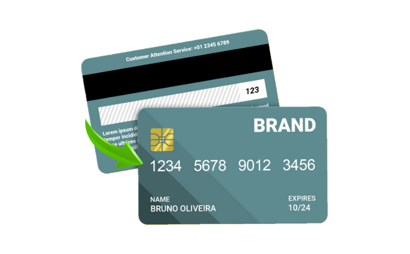 Frente e verso de um cartão de crédito, com uma seta apontando para o número do cartão que fica localizado na parte da frente