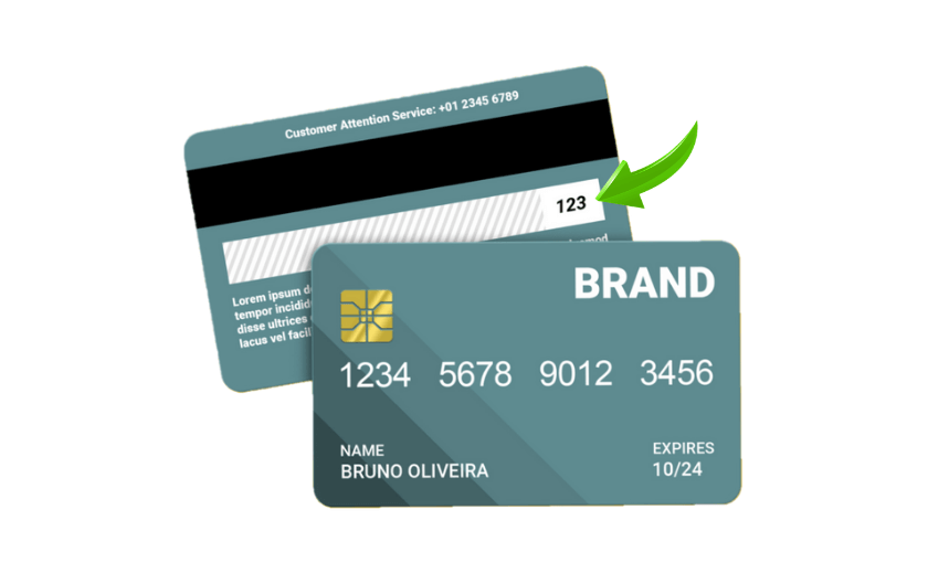 Frente e verso de um cartão de crédito, com uma seta apontando para os três números na parte de trás, que é o CVV